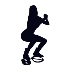Female silhouette doing squat in kangoo jump boots. Girl doing strength exercise in bounce shoes during high intensity interval training HIIT. Cardio fitness and weight loss. Gaining good shape.