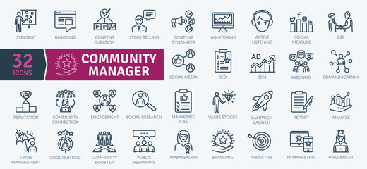 Community Manager activities. Thin line Icon Pack. Vector symbols - obrazy, fototapety, plakaty