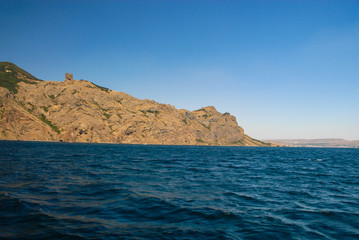 Fototapeta na wymiar Kara Dag mountain view from boat in Black Sea nature landscape 
