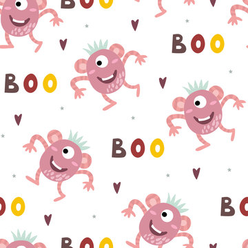 Funny monsters. Lovely seamless pattern for children designs. Sweet smiling creatures in bright colors in vector. Awesome childish background