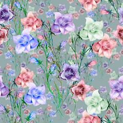 Watercolor seamless pattern with  bell flowers on blue background.
