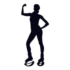 Fototapeta na wymiar Female silhouette posing with her bicep curled in kangoo jump boots. Girl dancing in bounce shoes during high intensity interval training HIIT. Cardio fitness and weight loss. Gaining good shape.