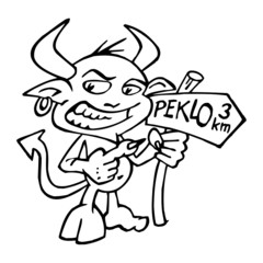 Devil rascal with big smile and directional sign showing the way to hell, black and white cartoon