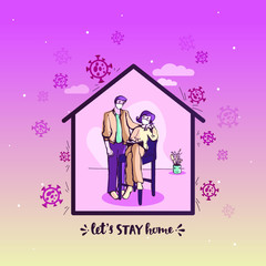 Coronavirus outbreak motivational poster. Family of parents, kids, grandparents, pet keep calm and stay at home to stop spreading pandemic. You save lives - inspirational slogan vector illustration