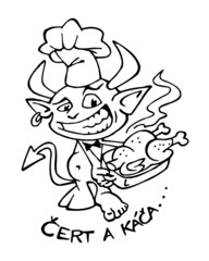 Devil rascal with big smile and chef hat holding roasting pan with roasted duck, black and white cartoon