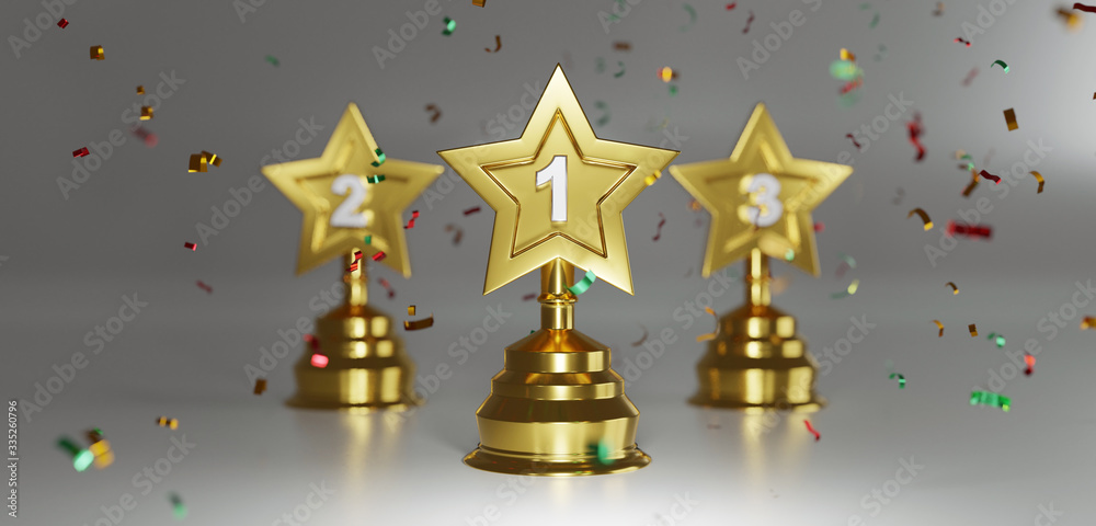 Canvas Prints golden star trophy cup on gold background. copy space for text. 3d rendering.