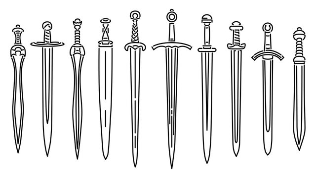 Set of simple images of medieval short swords drawn in art line style.