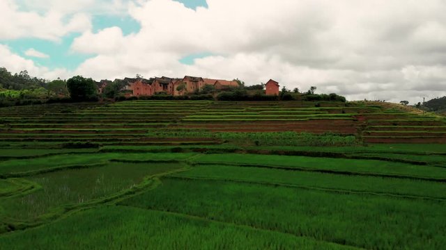 Drone footage over a paddy field near Ambositra with mudbrick buildings in madagascar