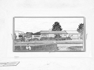 Extracted line draft from photo: a small residential area view from a very small window