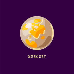 Mercury planet for logo, outer space, symbol. Vector illustration isolated on background. Flat style design.