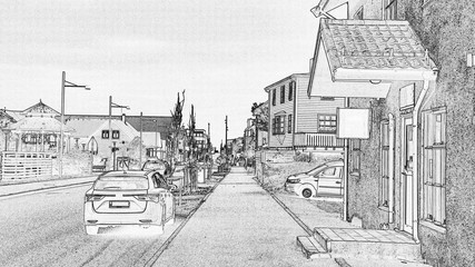Extracted line draft from photo: street view of Andenes, north of Norway. Andenes is a small but very lovely town, famous for its sperm whale safari and a big resident area of arctic tern. 