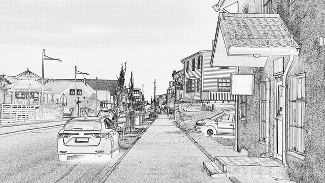 Extracted line draft from photo: street view of Andenes, north of Norway. Andenes is a small but very lovely town, famous for its sperm whale safari and a big resident area of arctic tern. 
