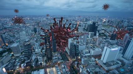 Bangkok in curfew, Quarantined City with coronavirus cells concept. Covid-19 virus cell in the city. Concept of spread of the virus in big city, 3d rendering city background.
 - Powered by Adobe