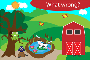 What wrong, find mistakes with animals for children, fun education game for kids, preschool worksheet activity, task for the development of logical thinking, vector illustration