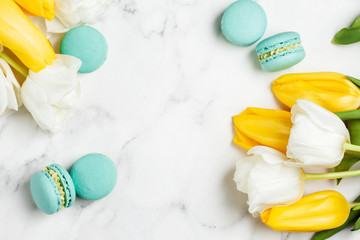 Bouquet of tulips with blue macaroons