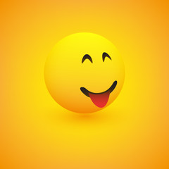 3D Smiling Face, with Stuck Out Tongue, View from Side - Simple Happy Emoticon on Yellow Background - Vector Design