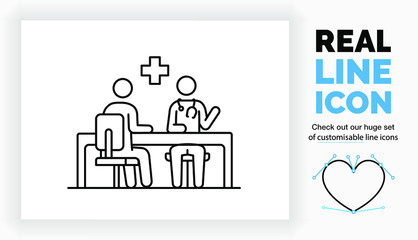 Editable real line icon of a stick figure doctor consultation with a patient in his office sitting at a desk in a chair with a stethoscope and a medical cross in modern black lines as a eps vector