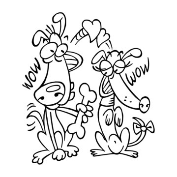 recommend clip art: Dog in love gives dog lady big bone as a gift, Valentines day theme, black and white cartoon