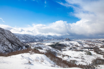 Hiking to Hjortheia mountains in great winter weather, Nordland county