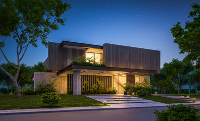 Fototapeta na wymiar 3d rendering of modern cozy house with parking and pool for sale or rent with wood plank facade and beautiful landscaping on background. Clear summer night with many stars on the sky.