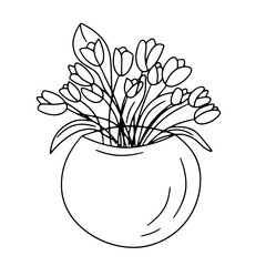 Round bowl with bouquet of tulip flowers. Vector illustration in doodle outline style. Concept of spring, gifts, romantic relationship, love, happy birthday, Design for greeting cards, print, logo