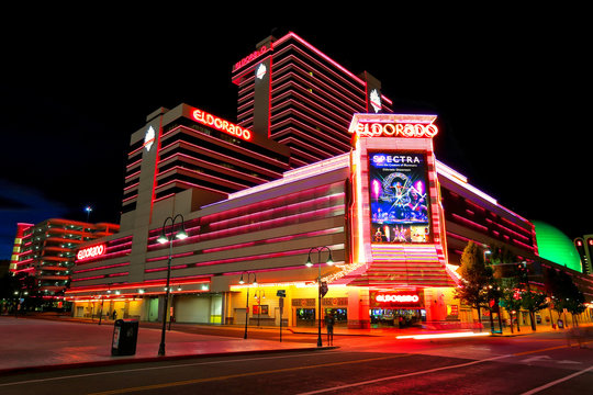 RENO, USA - AUGUST 12: Eldorado hotel and casino at night on August 12, 2014 in Reno, USA. Reno is the most populous Nevada city outside of the Las Vegas.