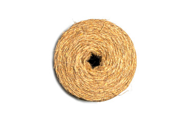 Isolated skein of jute twine over white background. Hank of twine close up. 