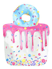 Colorful cake with donuts watercolor set. Glazed, dessert, bakery, pastry, confectionery, confetti, confectionery sprinkles. Birthday cake