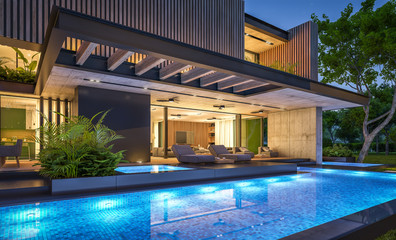 3d rendering of modern cozy house with parking and pool for sale or rent with wood plank facade and beautiful landscaping on background. Clear summer night with many stars on the sky.