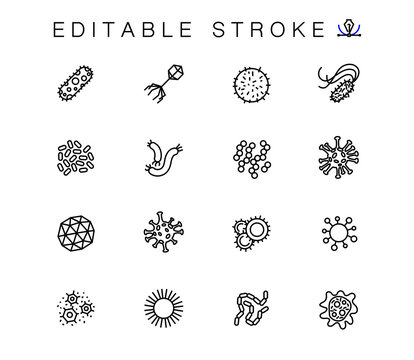 Bacteria, Microbe And Virus Vector Line Icons Set. Viral And Bacterial Infection, Colony Of Bacteria, Petri Dish. Coronavirus, COVID-19. Outline Symbols Pack. Editable Stroke.