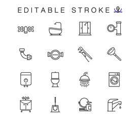 Set line icons of plumbing. Simple Set vector Isolated linear illustrations. Contains such Icons as Leaking Washing Machine, Water Heater, Tool Box and more. Editable stroke. Pictogram, symbol