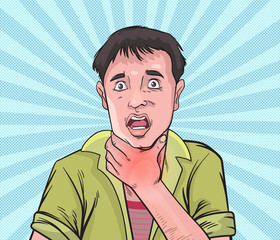 This boy is sore throat, inflamed, difficulty swallowing.Pop art  retro vector illustration comic. Separate images of people from the background.