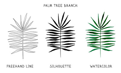 Fototapeta na wymiar Palm branch to create design layouts. Set of freehand line, silhouette and watercolor drawing.