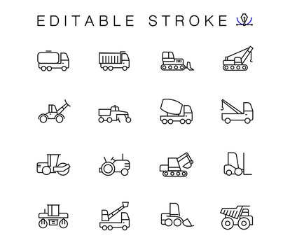 Construction Machinery Linear Contour Illustrations Icons Set. Heavy Duty Machines Outline Symbols Pack. Collection Of Road Repair Equipment Icons Isolated. Vehicle. Auto Cement Truck. Editable Stroke