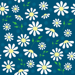Fototapeta na wymiar Seamless pattern of daisies in blue background. It can be used for wallpapers, cards, patterns for clothes and other.