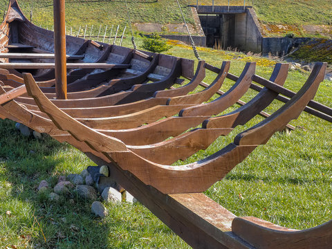 The design of the Viking boat. Prow of a Viking age longboat with  oars, reconstructed Viking Ship. 