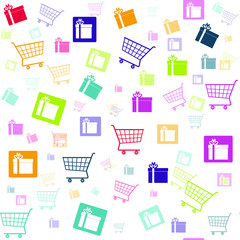 Shopping seamless. Collection of shopping carts full of shopping bags and gift boxes. Concept of discount. Vector.