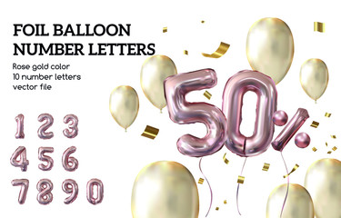 Holiday and party vector foil balloon number letters
rose golden balloons and ribbons. 