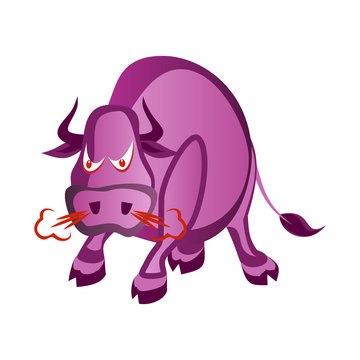 Cartoon angry bull attack isolated on white background