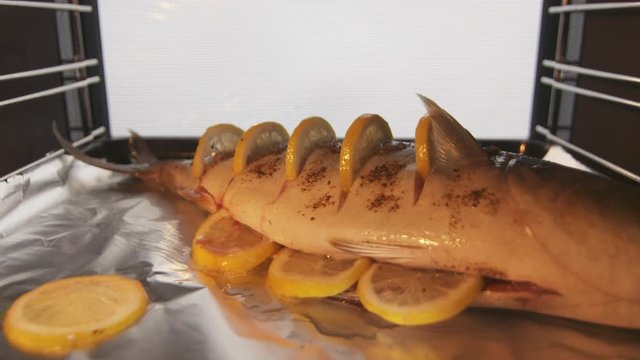 Cooking whole roasted fish seriola amberjack baked in the oven timelapse.