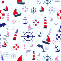 Seamless Nautical Icons - Baby shower - Blue red. Background wallpaper 