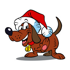 Dog with big smile and Santa's cap waving in greeting, animals and Christmas, color cartoon