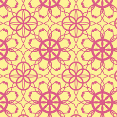seamless abstract vector pattern made by joining mandalas, simple and beautiful ethnic pattern. arabic pattern in pink and yellow color.