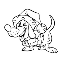 Fototapeta premium Dog with big smile and Santa's cap waving in greeting, animals and Christmas, black and white cartoon