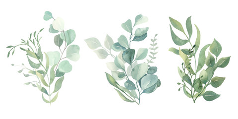 Watercolor green eucalyptus, olive  leaves. Watercolor floral illustration collection  - green leaf branches set for wedding stationary, wallpapers, background,  greetings. 