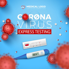 Coronavirus Express Testing card. Covid-19 rapid test, 3d red virus cells and thermometer on blue background. Coronavirus disease 2019, Vector illustration design of blood test.
