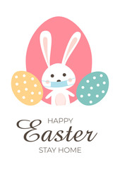 happy easter. stay home. coronavirus bunny with medical mask. covid-19 bunny. CORONAVIRUS EASTER RABBIT. Easter bunny isolated on blue background.