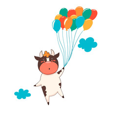 Character bull flies on balloons isolate on a white background. Vector graphics.