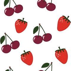 Natural delicious juicy organic berries seamless pattern with strawberries, cherry, vector color illustration on white background, isolated