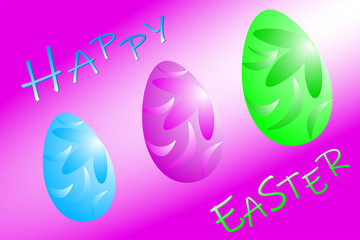 Festive Easter card with the image of multi-colored Easter painted eggs with floral patterns on a pink background with a ray of light and the inscription 